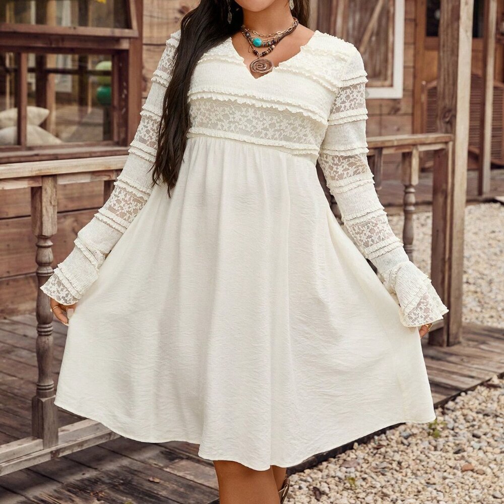 Apricot Elegant Women's Plus Size V-Neck Lace Dress - Picture 4 of 6